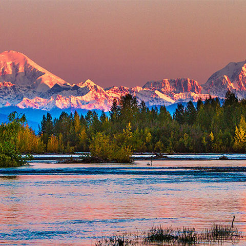 View of Mount Denali from the riverbank in Talkeetna. Talkeetna is quirky little town with alot of character. Located 2-3 hours north of Anchorage.