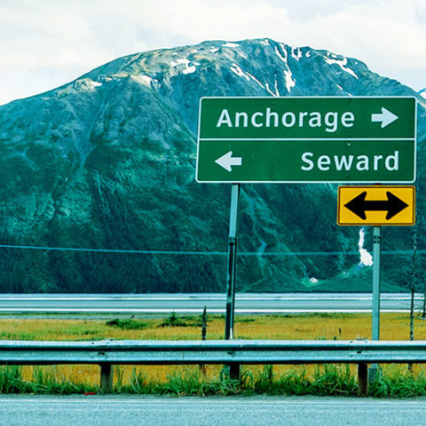 The 127 mile Seward Highway connects the cities of Anchorage and Seward.