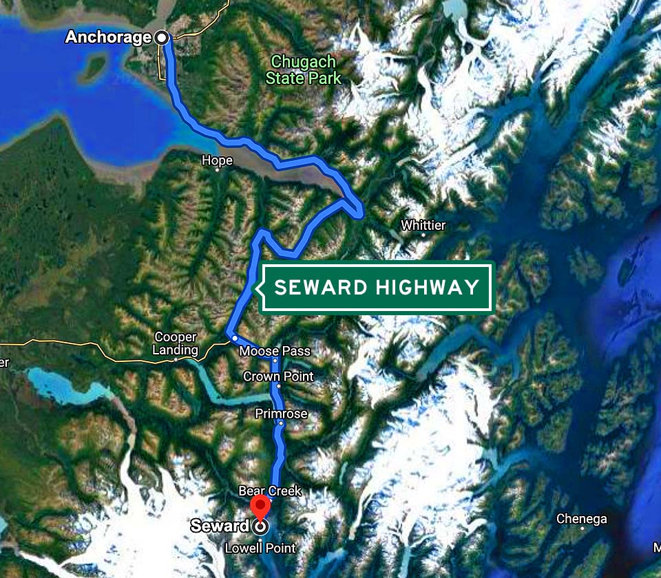 Anchorage to Seward Map